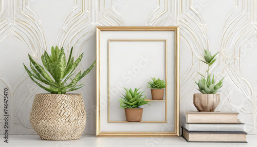 Mock-Up of Home Interior Poster with Horizontal Metal Frame  Basket of Succulents  and Stack of Books on White Wall Background