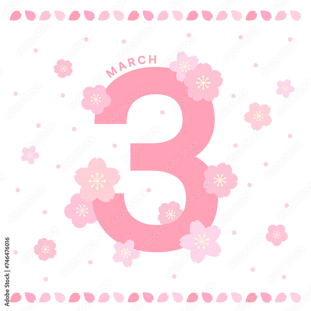 Pink cherry blossom decoration and number '3' typographic design with the concept of spring in March. Banner, card, placard, border, frame design template.