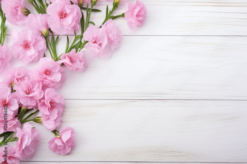 A corner of vibrant pink flowers against a white wooden background. Pink Florals on White Wood