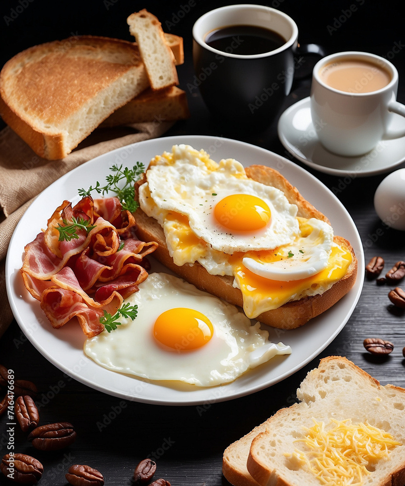 Fototapeta premium Breakfast with coffee, bread, eggs and bacon.