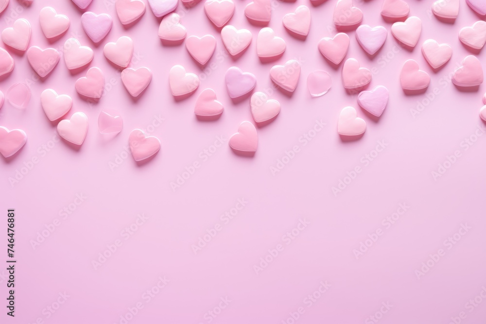 An assortment of pink hearts scattered over a blush pink surface. Love Confetti on Pink An assortment of pink hearts scattered over a blush pink surface. Love Confetti on Pink