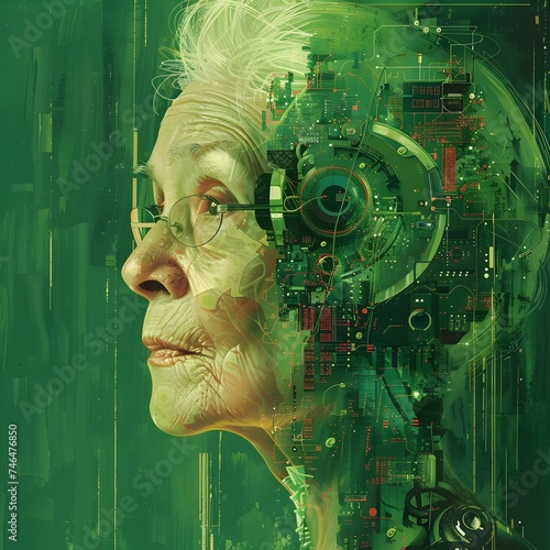 Elderly Green Haired Electronic Artist in Hyper-Detailed Portrait photo
