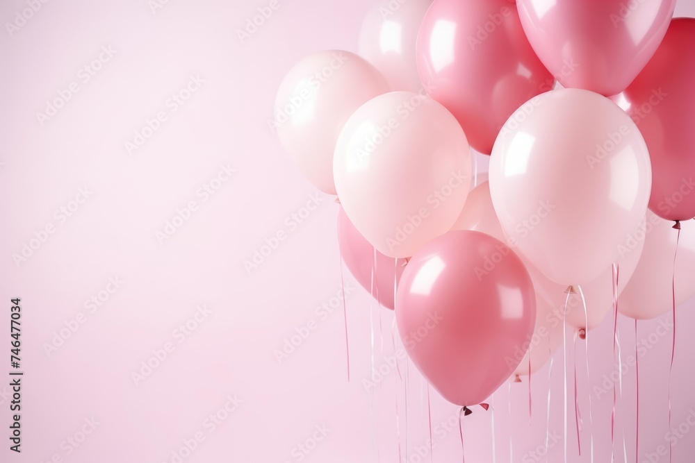 A cluster of pink and white balloons floating on a pastel pink backdrop. Pink Balloon Celebration