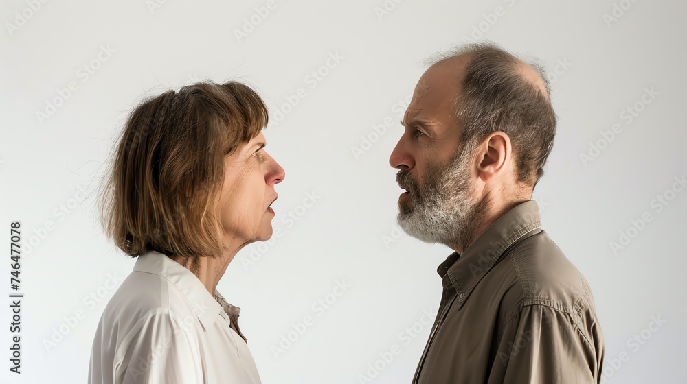 Dynamic Couple Dispute - High-Contrast Relationship Drama on White Background Dynamic Couple Dispute - High-Contrast Relationship Drama on White Background