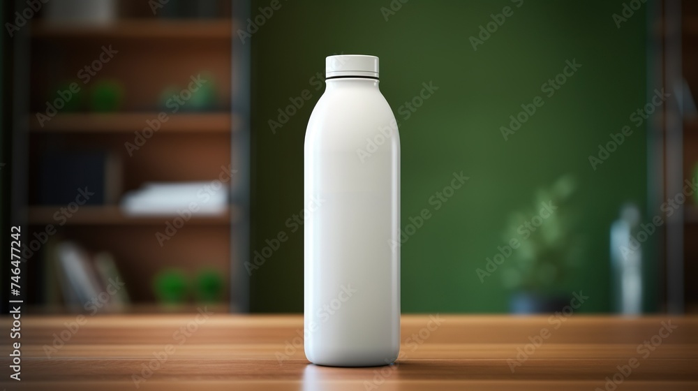 White milk bottle mockup on rustic wooden table with soft-focus background. White bottle with lid against warm wood surface. Subtle blur with greenery and books for product showcasing. White milk bottle mockup on rustic wooden table with soft-focus background. White bottle with lid against warm wood surface. Subtle blur with greenery and books for product showcasing.