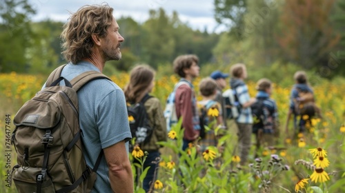 A biology teacher leads a field trip to a local nature reserve, teaching students about ecosystems and biodiversity through direct observation and inquiry-based learning outside. photo