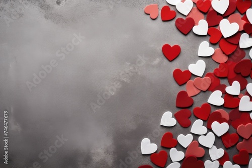 Red and white heart cutouts spread on a textured gray concrete background. Contrasting Hearts on Gray © Оксана Олейник