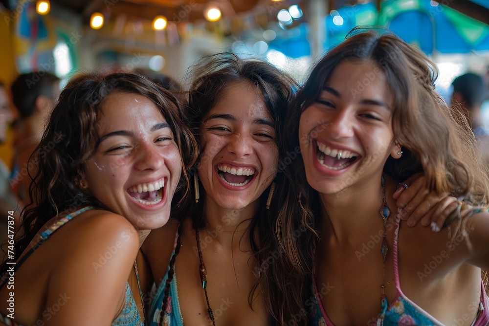Fototapeta premium A vibrant scene of three women celebrating a goal at a viewing party, their faces alight with joy and excitement
