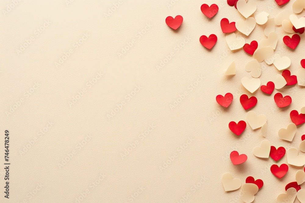 Red and white hearts on beige background. Valentines day concept.