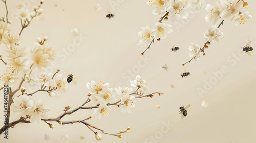 Flowering branch with flying bees.