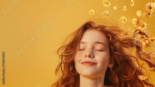 banner beautiful girl with closed eyes on yellow background surrounded by flying flowers. concept for allergy treatment, enjoyment of spring, for cosmetics advertising, with copy space