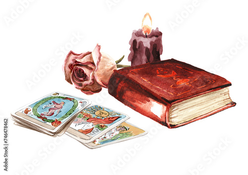 Foto Tarot reader or fortune teller,  tarot cards, book and candles