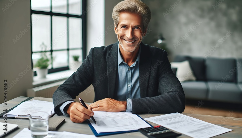 Fototapeta premium Portrait of an old businessman working with documents and an invoice while seated at a desk in the office and grinning at the camera