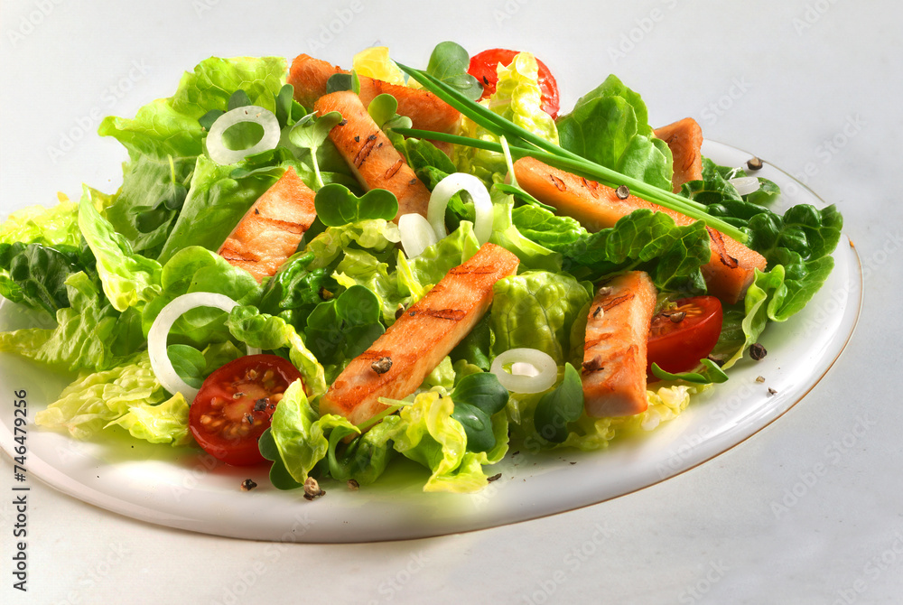 Hühnerfleisch in Streifen, Salat, Zwiebel, Geflügel, Tellergericht, Hühnerfleisch in Streifen, Salat, Zwiebel, Geflügel, Tellergericht,