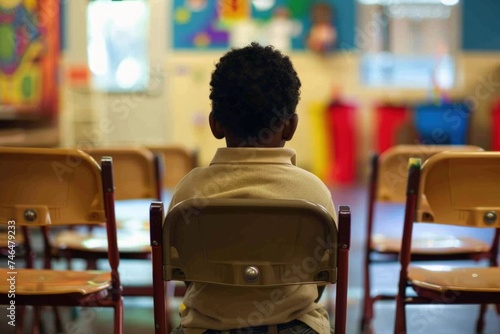 Child's back sitting on a chair in a classroom, concept of learning and education.