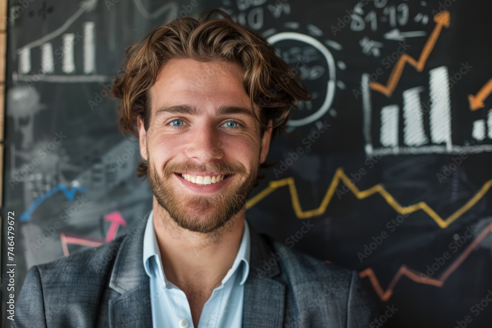 Businessman smiling, background with blackboard with graph design, business concept, financial education. Businessman smiling, background with blackboard with graph design, business concept, financial education.