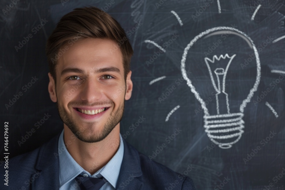 Businessman smiling, background with blackboard with drawing of a light bulb, concept of business, idea and innovation.