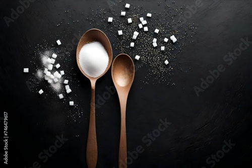 Spoon with granulated sugar on black table, top view. Space for text