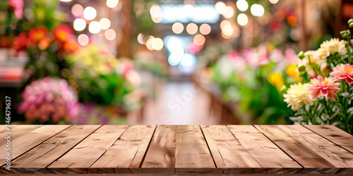 Empty wooden table in front of blurred flowers shop  background for product display in a coffee shop, local market or bar