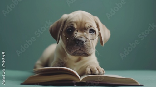 Charming Pug Puppy Wearing Glasses, Reading a Book. Back to School, Exam Preparation, and Graduation. Soft Turquoise Minimalist Background. AI Generated