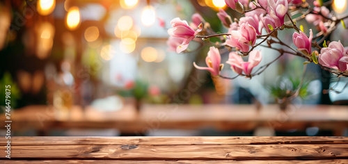 Empty wooden table in front spring magnolia flowers blurred background banner for product display in a coffee shop, local market or bar photo
