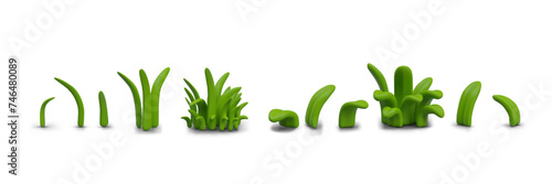 Collection of 3D green bunches and individual blades of grass in plasticine style