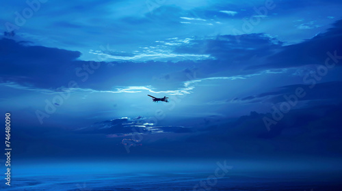 Flying airplane silhouette in blue sky at dusk.