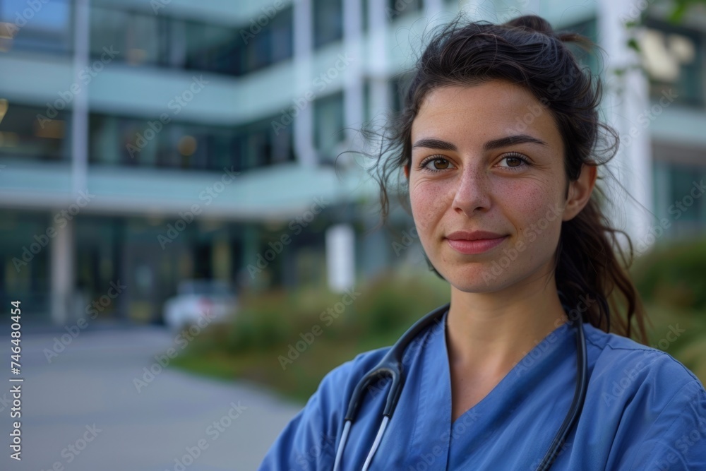 Nurse in front of hospital, healthcare concept, healthcare professional. Nurse in front of hospital, healthcare concept, healthcare professional.