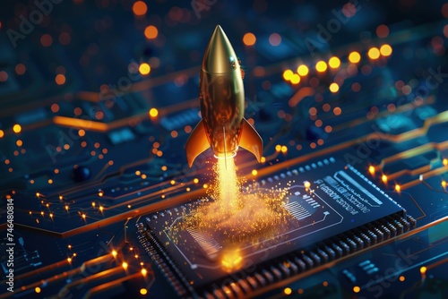 Golden rocket taking off from a dark blue circuit board  technology and startup concept.