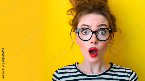 Young female woman with eyeglasses with shocked face on yellow background