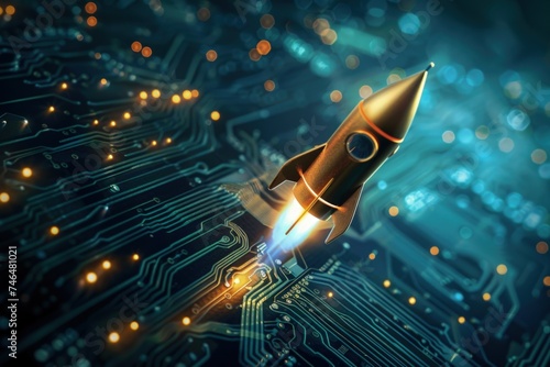 Golden rocket taking off from a dark blue circuit board, technology and startup concept.
