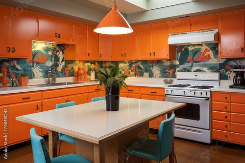 Vibrant Orange Countertops and Funky Wallpaper Retro 70s Kitchen Concepts