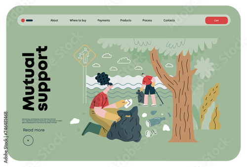 Mutual Support: Cleaning up trash, Garbage collection -modern flat vector concept illustration of people collecting trash on the beach A metaphor of voluntary, collaborative exchanges of resource