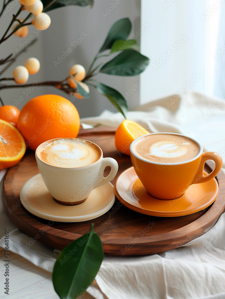 Two cups of cappuccino and fresh oranges for breakfast. Two cups of cappuccino and fresh oranges for breakfast.