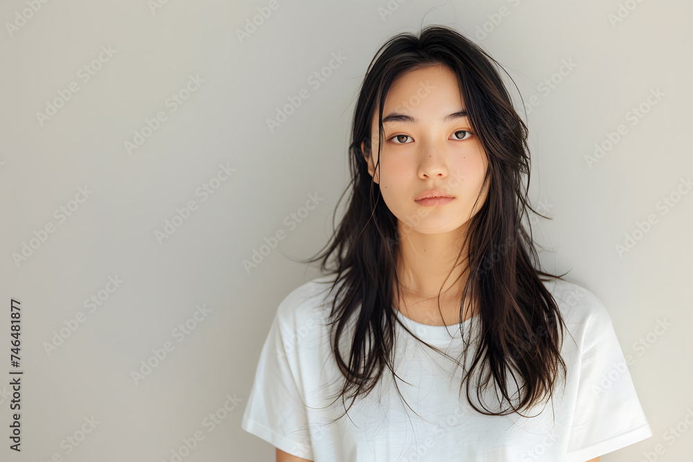 Young beautiful brunette asian woman model in white T-shirt posing on light grey background