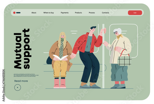 Mutual Support Giving up seat in public transport -modern flat vector concept illustration of man offering his seat to elderly woman on bus A metaphor of voluntary, collaborative exchanges of services