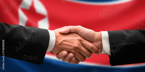 Businessman, diplomat in suits clasp hands for handshake over North Korea flag, agree on united success in trade, diplomacy, cooperation, negotiation, teamwork in commerce, gesture of greeting