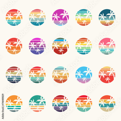 Sunset circle palm tree. Round ombre sunrise, striped gradient, vintage colors. Background, vector illustration. Tropical vibes, sea, ocean, beach, bayshore landscape. Summer morning, evening scene