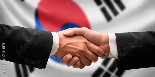 Businessman, diplomat in suits clasp hands for handshake over South Korea flag, agree on united success in trade, diplomacy, cooperation, negotiation, teamwork in commerce, gesture of greeting photo