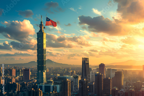 Taiwan flag waving due to wind. Taipei city in the background. Taipei is the capital city of Taiwan. Beautiful scene. Country flags concept. City skyline.	 photo
