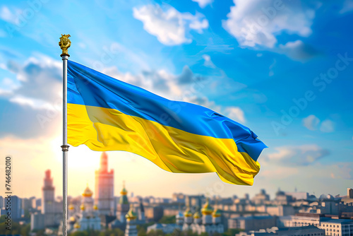 Ukraine flag waving due to wind. Kyiv city in the background. Kyiv is the capital city of Ukraine. Beautiful scene. Country flags concept. City skyline.