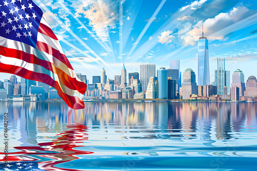 USA flag waving due to wind. New York City is in the background. NYC is the capital city of America. Beautiful scene. Country flags concept. City skyline.