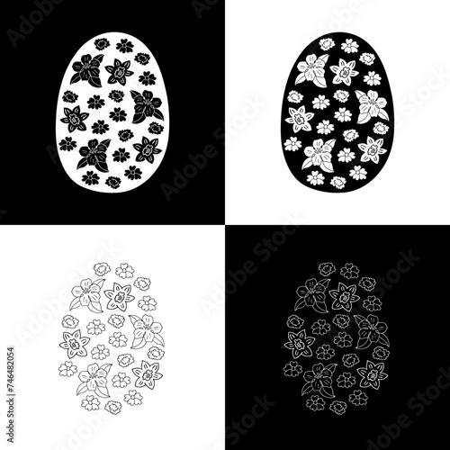 A set of flower eggs in black and white color. Contour drawing. Vector drawing. Easter.