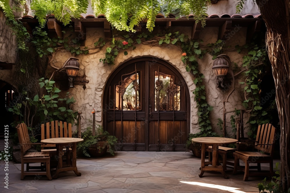 Rustic Wooden Doors: Intimate Spanish Courtyard Seating Areas