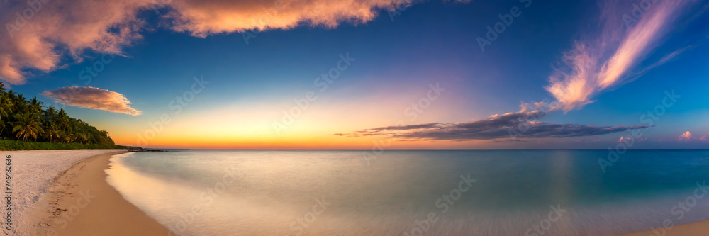 Panoramic view of beautiful tropical beach and sea at sunset time