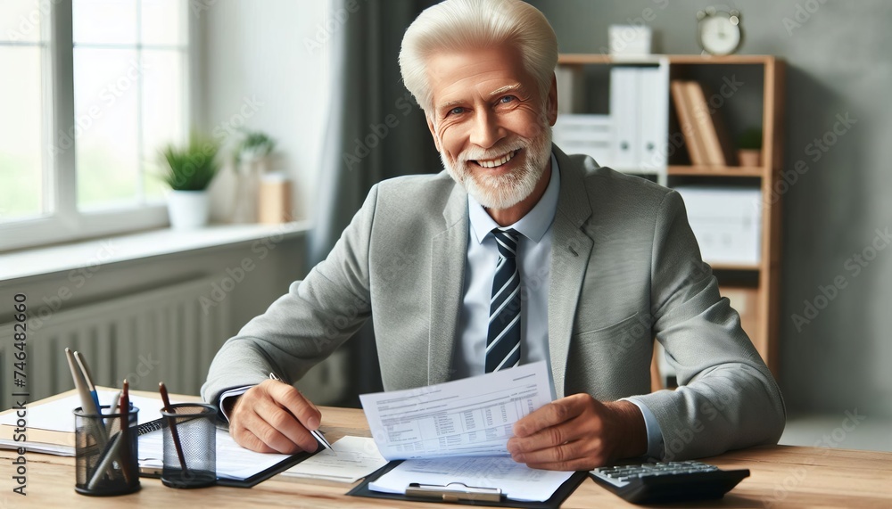 Portrait of an old businessman working with documents and an invoice while seated at a desk in the office and grinning at the camera Portrait of an old businessman working with documents and an invoice while seated at a desk in the office and grinning at the camera