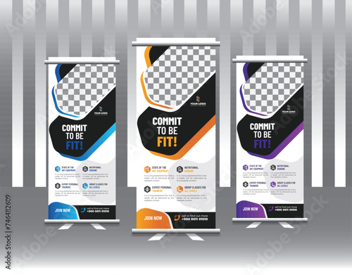 Creative and Modern gradient color Fitness gym standee rollup vector template design
