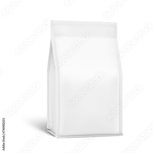 Realistic gusset bag isolated on white background for sport nutrition. Half side view. Vector illustration. Can be use for template your design, presentation, promo, ad. EPS 10.