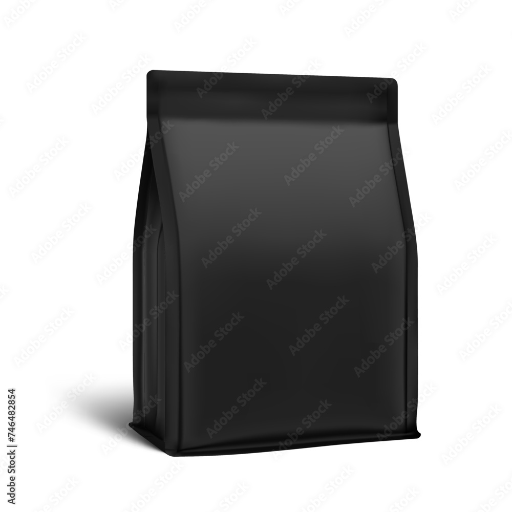 Realistic black gusset bag isolated on white background for sport nutrition. Half side view. Vector illustration. Can be use for template your design, presentation, promo, ad. EPS 10.