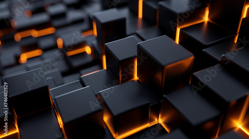 abstract background neon glowing lights and black cubes , futuristic technology wallpaper, digital cyber tech backdrop